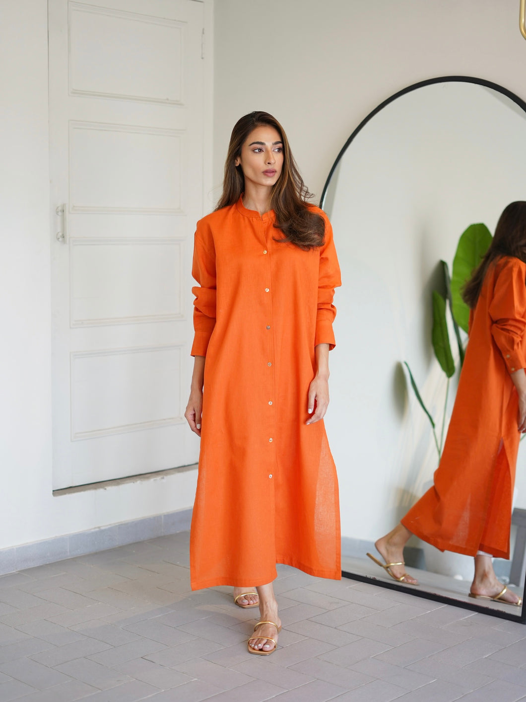Oversized Linen Shirt Dress in Orange